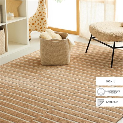 Ocean Home Textile Bej Renk Çizgi Desenli Şönil Halı Kilim 120 X 180 Cm