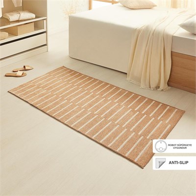 Ocean Home Textile Bej Renk Çizgi Desenli Şönil Halı Kilim 80 X 150 Cm