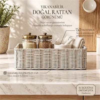 Ocean Home Textile Yıkanabilir Gri Pp Rattan Sepet 30 X 20 X 11 Cm