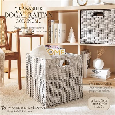 Ocean Home Textile Yıkanabilir Gri Pp Rattan Sepet 33 X 33 X 33 Cm