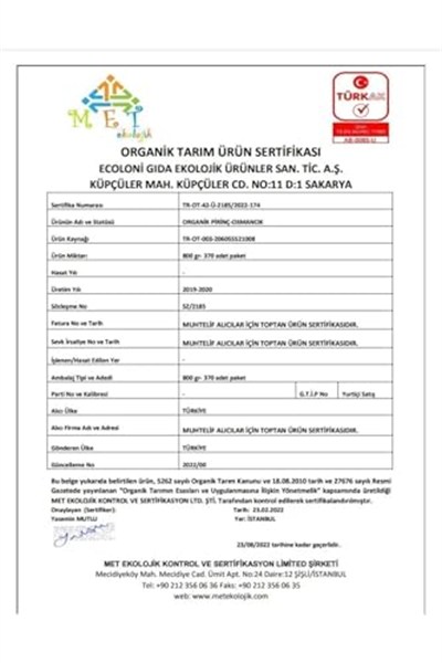 OG Organik Sertifikalı Osmancık Pirinç 800 Gr