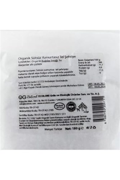 OG Organik Sütsüz Yumurtasız Tel Şehriye 6ay 180gr