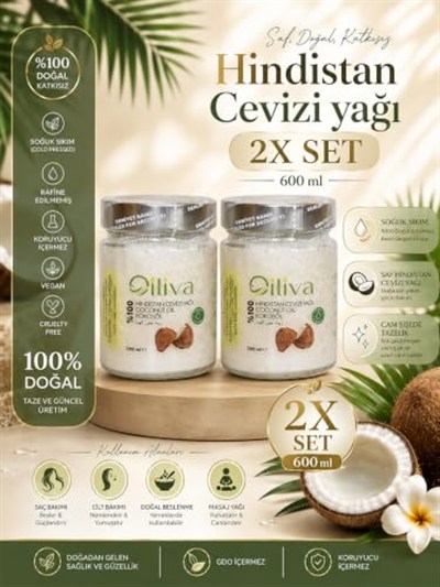 Oiliva Soğuk Sıkım Hindistan Cevizi Yağı 2 x 300ml |%100 Doğal & Saf | Katkısız | Cam Şişe