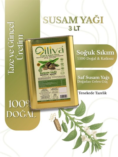 OILIVA%100 Doğal Susam Yağı 3 Litre – Soğuk Sıkım, Katkısız, Saf Susam Yağı – Yemeklik, Salata, Cilt & Saç Bakımı – Premium Kalite Teneke Ambalaj