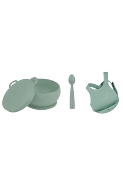 OiOi 3lü Set Kapaklı Kase River Green, Nam Nam Kaşık River Green, Mama Önlüğü