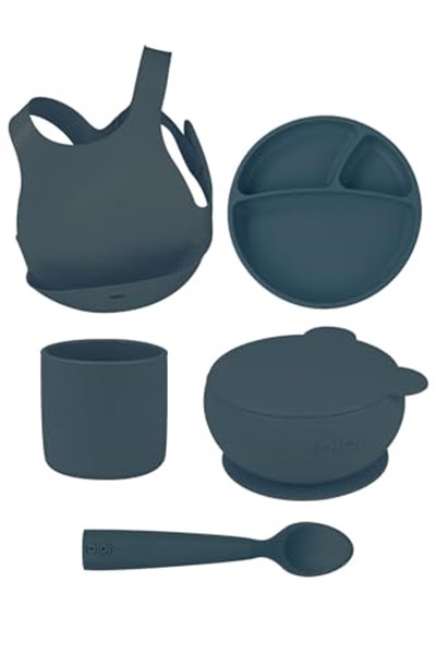 OiOi Deep Blue Beşli Set (önlük+tabak+kase+bardak+kaşık)