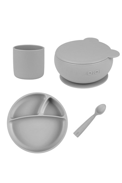 OiOi Powder Grey Dörtlü Set(tabak+bardak+kaşık+kapaklıkase)