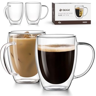 OJA Çift Duvar Cam Kahve Kupaları 4lü Set, Elle Üflemeli 354 ml Şeffaf Cam Kahve Fincanı, Yalıtımlı Çay Kupası, Espresso, Cappuccino, Latte, Amerikan, Çay Poşeti, İçecek, Babalar Günü Hediyesi için