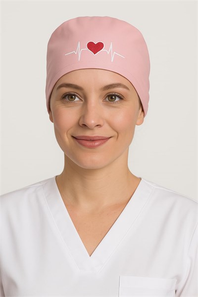 Okanmed Kalp Atışlı Pembe Desenli Doktor Hemşire Aşçı Cerrahi Bone Hastane Bone Bandana M406