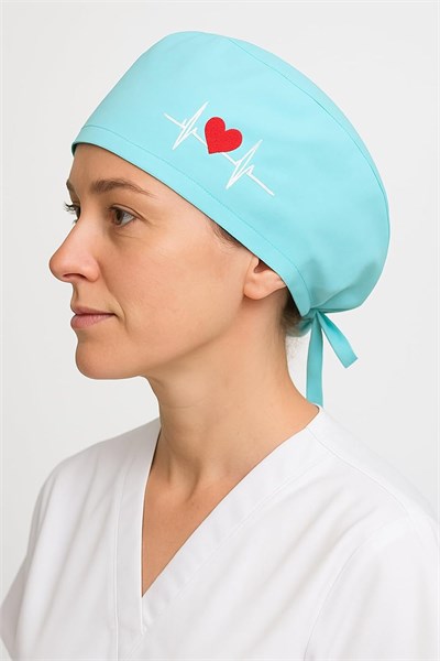 Okanmed Kalp Atışlı Turkuaz Desenli Doktor Hemşire Aşçı Cerrahi Bone Hastane Bone Bandana M408