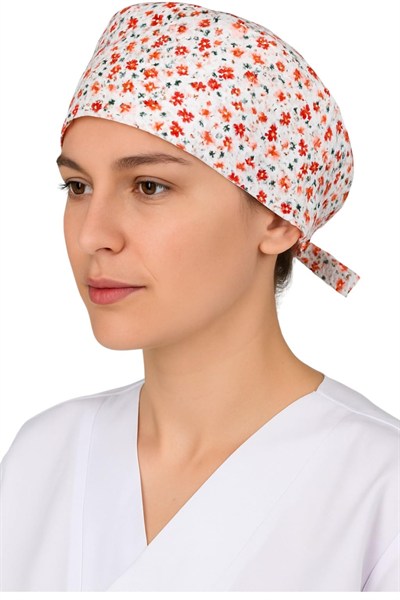 Okanmed Kırmızı Çiçekli Doktor Hemşire Aşçı Cerrahi Bone Hastane Bone Bandana M454