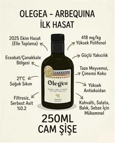 Olegea Erken Hasat Soğuk Sıkım Natürel Sızma Zeytinyağı (Arbequina) - 418 mg/kg Yüksek Polifenol, 0.2 Asidite (250 ml)