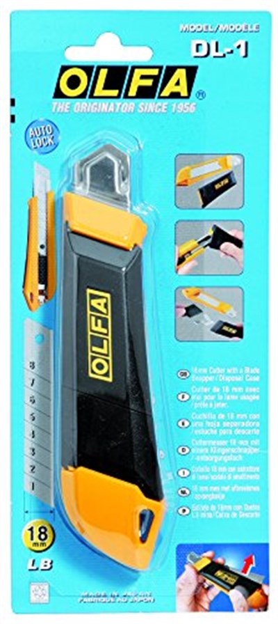 OLFA DL-1 maket bıçağı, 18 mm, bıçak kırma yardımcısı ve bertaraf kabı ile