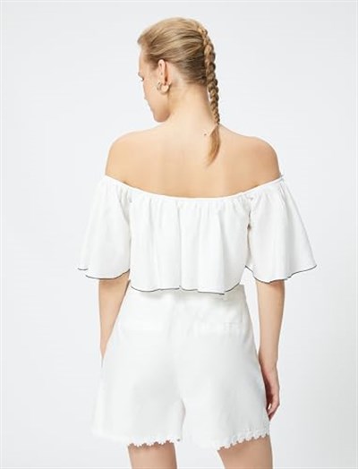 Omzu Açık Volanlı Crop Bluz