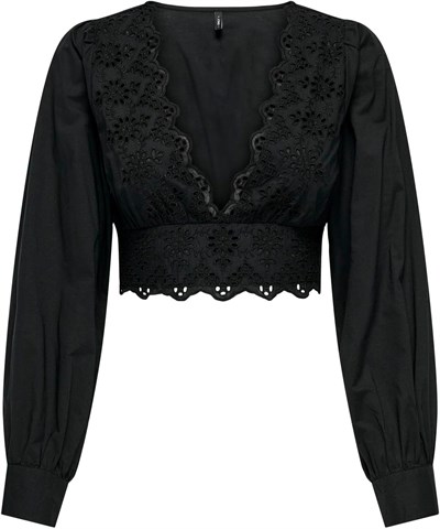 ONLY ONLLOU LIFE EMB L/S V-NECK SHORT TOP PTM Tişört Kadın