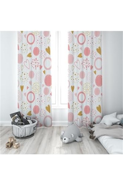 ontheclouds Beyaz Kalp Desenli Dijital Baskı Bebek Çocuk Fon Perdesi, 140 x 270, FONPRD19, pembe inek desen