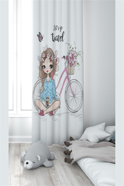 ontheclouds Bisikletli Kız Desenli Dijital Baskı Fon Perde, 70 x 200, FONPRD8, krem-mavi