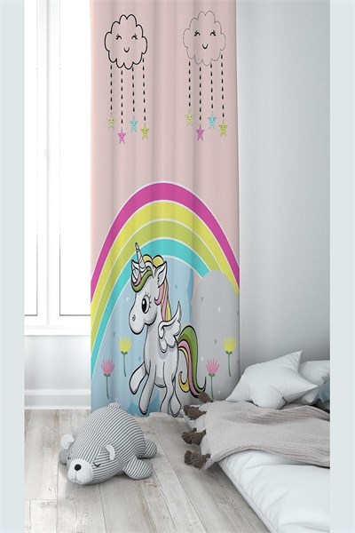 ontheclouds Pembe Unicorn Desenli Bebek Çocuk Odası Fon Perdesi, 140 x 200, FONPRD3, pudra-renkli