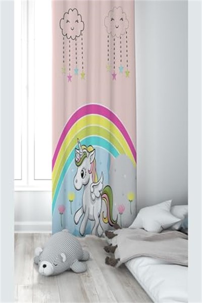 ontheclouds Pembe Unicorn Desenli Bebek Çocuk Odası Fon Perdesi, 140 x 200, FONPRD3, pudra-renkli