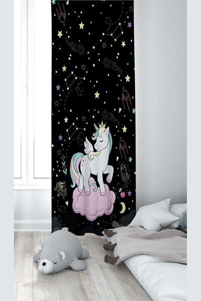 ontheclouds Unicorn Desenli Dijital Baskı Fon Perdesi, 70 x 270, FONPRD17, koyu siyah