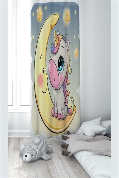 ontheclouds Unicorn ve Ay Desenli Dijital Baskı Fon Perdesi, 70 x 200, FONPRD15, sarı-gri
