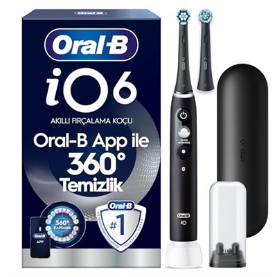 Oral-B iO6 Siyah Şarjlı/Elektrikli Diş Fırçası, 2 Fırça Başlığı, Uzun Ömürlü Pil, Premium Seyahat Kabı, Yedek Başlık Kabı