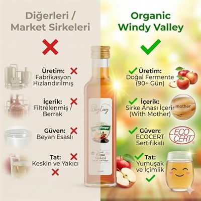 Organic Windy Valley Organik Elma Sirkesi (Sirke Analı) / Apple Vinegar (With the Mother) (500ml), ECOCERT Sertifikalı & İzlenebilir - İçimlik, Cam Şişe