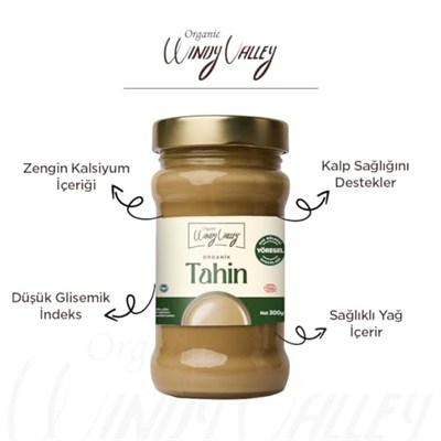 Organic Windy Valley Tahin/ECOCERT Sertifikalı (300gr) Cam Kavanoz-Veganlara Uygun-Glutensiz-Yerli Susam-Helal-