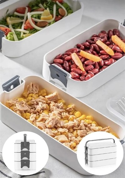 Orret Home 1260 ml 3 Katlı 6 Bölmeli BPAsız PP Plastik Sefer Taşıma ve Beslenme Çantası, Kilitli Bento Lunch Box, Mikrodalgaya Uygun, Çatal ve Kaşık Dahil (Krem)