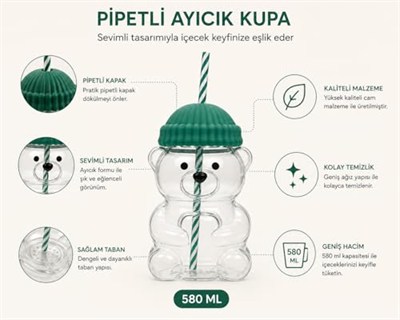 Orret Home 580 ML Ayıcık Desenli Cam Bardak Pipetli Silikon Kapaklı Soğuk Kahve Bardağı Şeffaf Cam Kupa Sevimli Ayıcık Bardak Bubble Tea Smoothie Milkshake Meyve Suyu İçecek Bardağı Çocuk ve Yetişkin