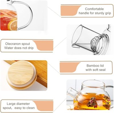 Orret Home Bambu Kapaklı Kendinden Süzgeçli Borosilikat Cam Demlik – 1000 ml Isıya Dayanıklı Termisil Cam Çay, Kahve ve Bitki Çayı Demliği, Cam Çaydanlık
