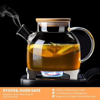Orret Home Bambu Kapaklı Kendinden Süzgeçli Borosilikat Cam Demlik – 1000 ml Isıya Dayanıklı Termisil Cam Çay, Kahve ve Bitki Çayı Demliği, Cam Çaydanlık