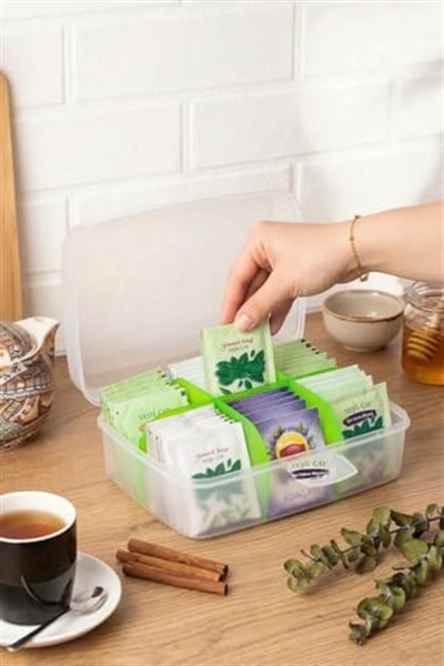Orret Home Şeffaf Kapaklı Kilitli 6 Bölmeli Çay Kutusu, Paket Çay Saklama Kutusu, Çay Organizer Kutusu, Mutfak Çay Düzenleyici, Bölmeli Çay Saklama Kabı