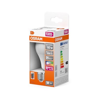 OSRAM STAR+ RGBW LED lamba E27 tabanlı, RGB renkleri uzaktan kumanda ile değiştirilebilir, 9 W, klasik ampul şekli, 60 W ampul için yedek, mat, LED retrofit RGBW lambalar uzaktan kumandalı, tek paket