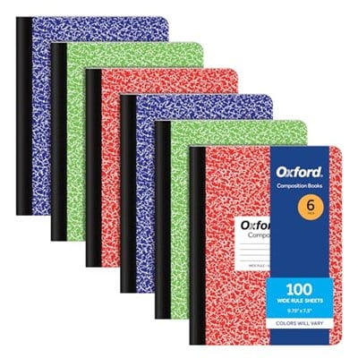 Oxford Kompozisyon not defteri, 6lı paket, geniş çizgili kağıt, 24,9 x 18,8 cm, 100 yaprak, çeşitli mermer cilt, her biri 2 adet: mavi, yeşil, kırmızı (63762)