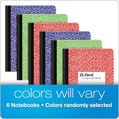 Oxford Kompozisyon not defteri, 6lı paket, geniş çizgili kağıt, 24,9 x 18,8 cm, 100 yaprak, çeşitli mermer cilt, her biri 2 adet: mavi, yeşil, kırmızı (63762)