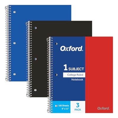 Oxford spiral not defteri, 1 tema, kolej çizgili kağıt, uzun ömürlü plastik kapak, 100 yaprak, ayırma çantası, paket başına 3 (10390), kırmızı, siyah ve mavi