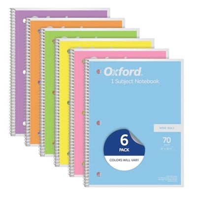 Oxford Spiral not defteri, 6lı paket, 1 tema, geniş çizgili kağıt, 20,3 x 26,8 cm, pastel pembe, turuncu, sarı, yeşil, mavi ve mor, 70 yaprak (63757)