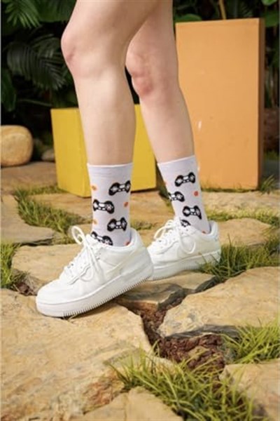 Oyun Konsolu Desenli Unisex Kolej Çorap Lila 36-44