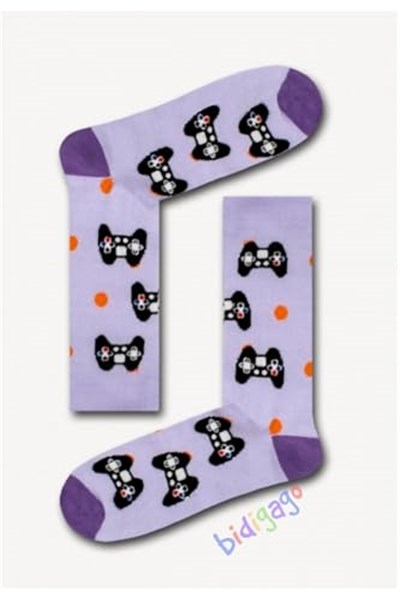Oyun Konsolu Desenli Unisex Kolej Çorap Lila 36-44