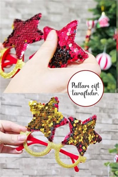 P.E.K.Shop Yılbaşı Parti Gözlüğü Pullu Yıldız Şekilli Kırmızı Gold Pullu Gözlük