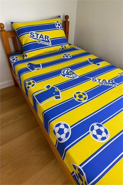Pamuklu Bebek Çocuk Lastikli Çarşaf ve Yastık Kılıfı 120x200 cm, Sarı Lacivert