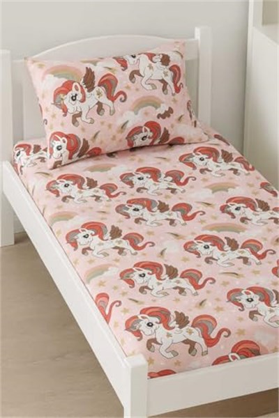 Pamuklu Bebek Çocuk Lastikli Çarşaf ve Yastık Kılıfı 90x140 cm, Pembe, Unicorn Desenli