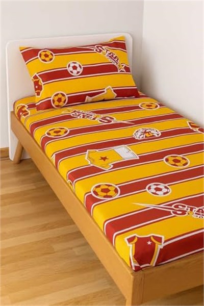 Pamuklu Bebek Çocuk Lastikli Çarşaf ve Yastık Kılıfı 80x120 cm, Sarı Kırmızı