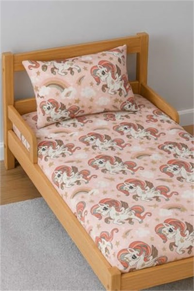 Pamuklu Bebek Çocuk Lastikli Çarşaf ve Yastık Kılıfı 60x120 cm, Pembe Unicorn