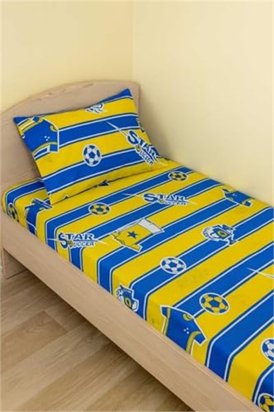 Pamuklu Bebek Çocuk Lastikli Çarşaf ve Yastık Kılıfı 120x200 cm, Sarı Lacivert