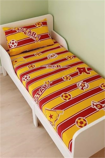 Pamuklu Bebek Çocuk Lastikli Çarşaf ve Yastık Kılıfı 90x180 cm, Sarı Kırmızı