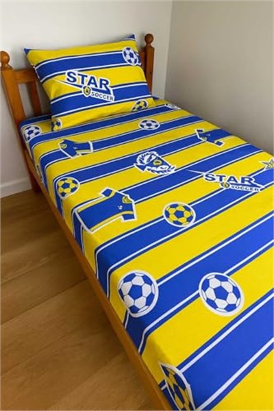 Pamuklu Bebek Çocuk Lastikli Çarşaf ve Yastık Kılıfı 120x200 cm, Sarı Lacivert