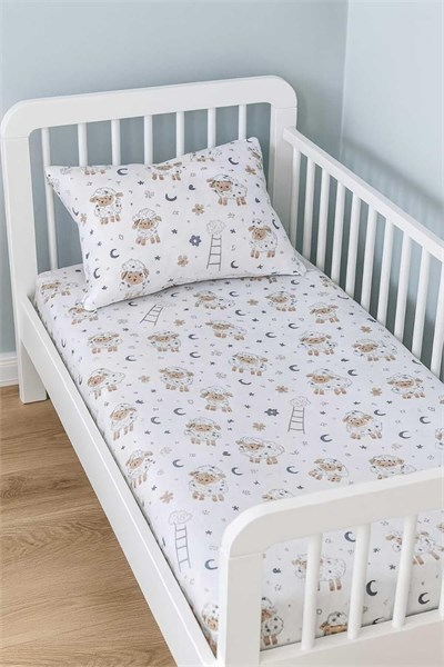 Pamuklu Bebek Çocuk Lastikli Çarşaf Ve Yastık Kılıfı 50x90 Kuzular