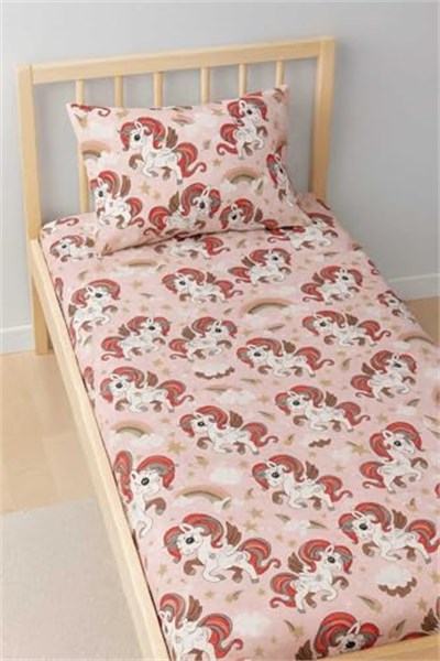 Pamuklu Bebek Çocuk Lastikli Çarşaf ve Yastık Kılıfı 90x140 cm, Pembe, Unicorn Desenli